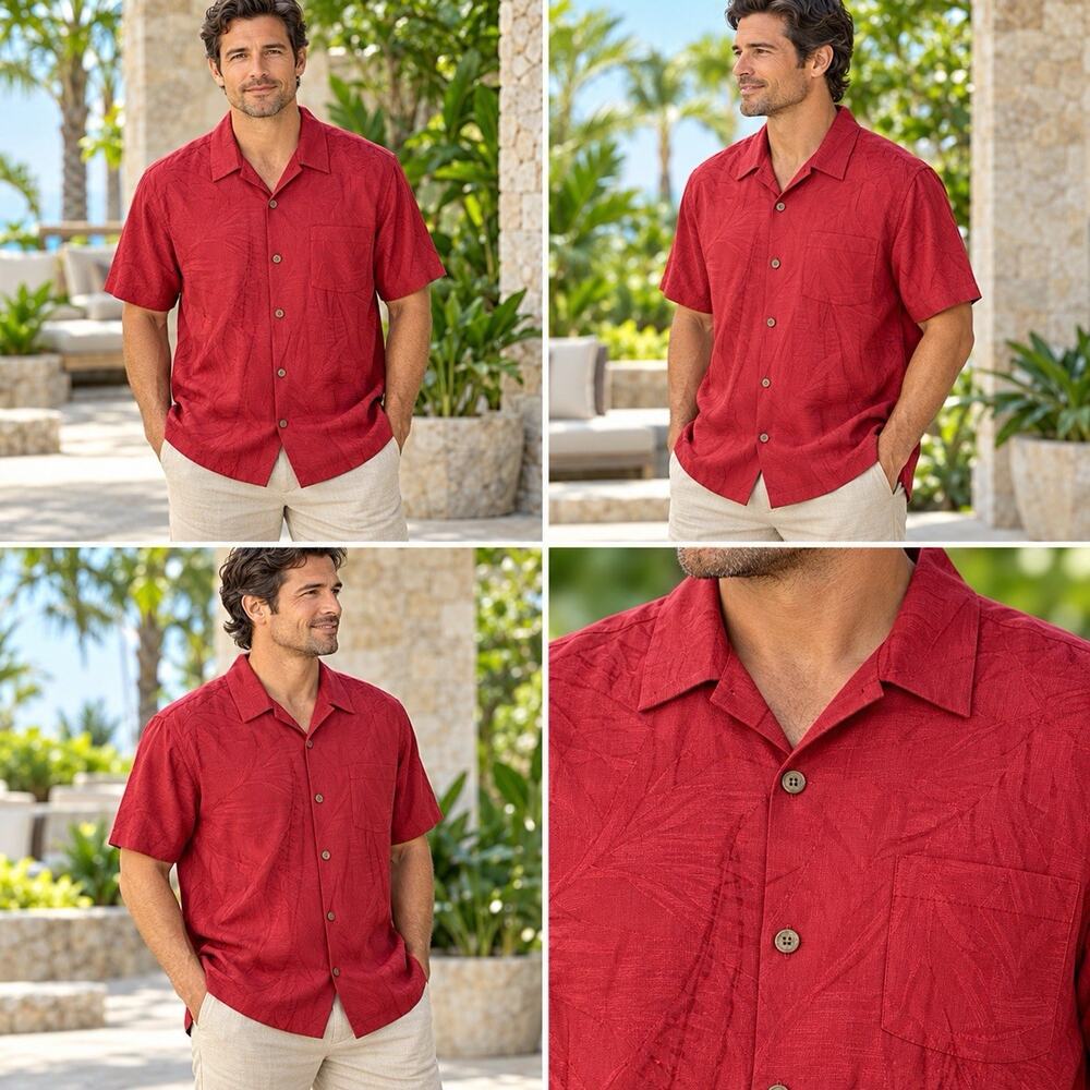 Tommy Bahama Camp Shirt Mens Large Red Silk Blend Tropical Jacquard Short Sleeve